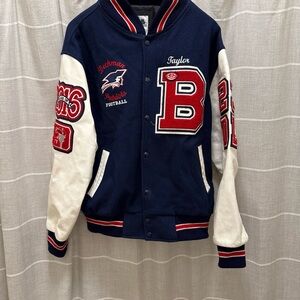 Navy & White Varsity Letterman Jacket with Red Trim